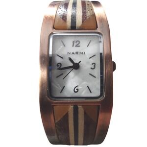 NARMI Women's Square Face Cuff Watch Copper Tone Wood Inlay Japan Movt 2127